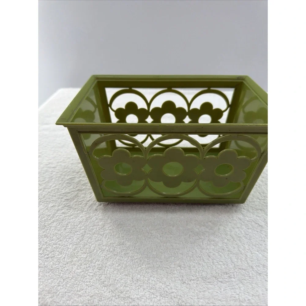 Vintage MCM Harvest Avocado Green Daisy Napkin Holder Basket 1960's/70's